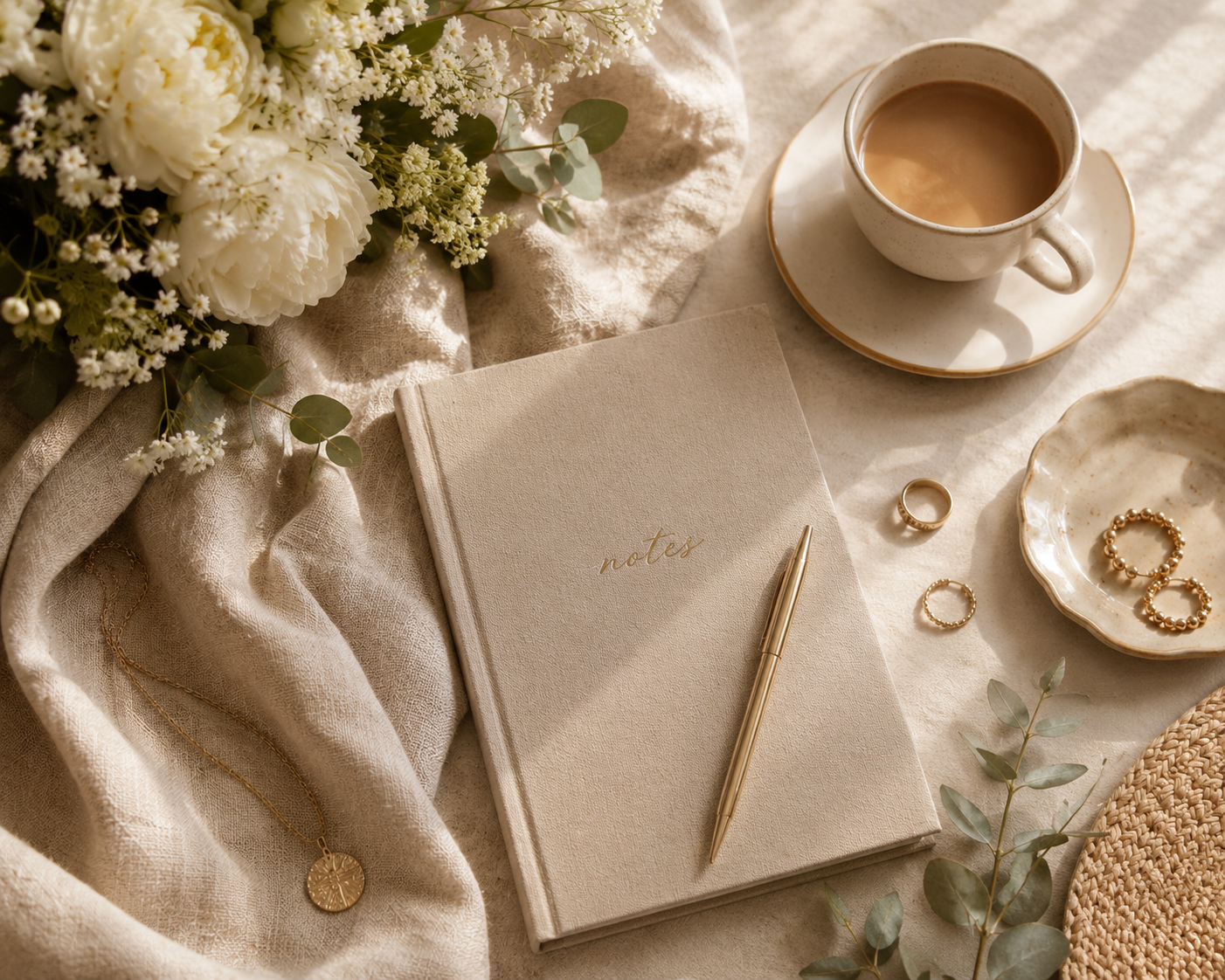 Elegant editorial flat-lay featuring a linen notebook, ceramic coffee cup, fresh white flowers, gold jewelry, soft linen fabric, and natural textures arranged on a warm neutral background.