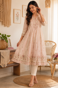 Woman styling a blush pink embroidered Anarkali kurta with white straight pants for an elegant ethnic look.