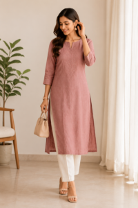 Woman wearing a dusty rose straight kurta with white pants and nude heels for an elegant everyday ethnic look.