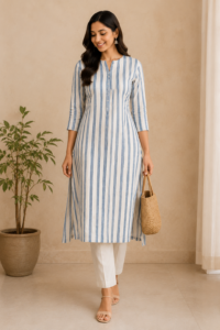 Woman wearing a blue and white striped cotton kurta with white pants and nude sandals for a casual summer ethnic look.