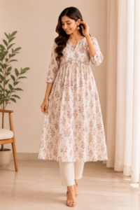 Woman styling a blush pink embroidered Anarkali kurta with white straight pants for an elegant ethnic look.