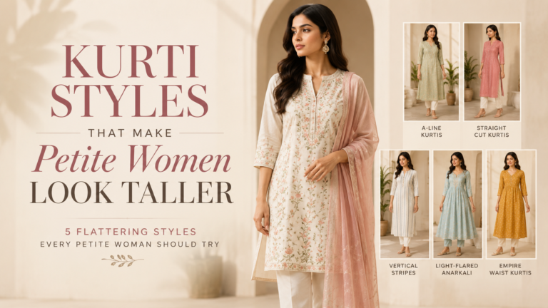Editorial-style featured image showing a petite Indian woman wearing a floral kurti alongside five flattering kurti styles: A-line, straight-cut, vertical stripes, light-flared Anarkali, and empire waist—highlighting silhouettes that create the illusion of a taller appearance.