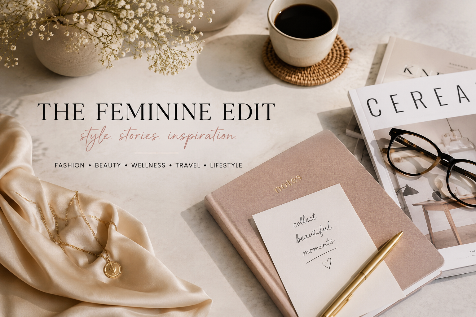 Elegant flat lay workspace featuring a notebook, coffee, fashion magazines, silk fabric, and gold accessories with The Feminine Edit branding in soft neutral tones, representing fashion, beauty, wellness, travel, and lifestyle inspiration.