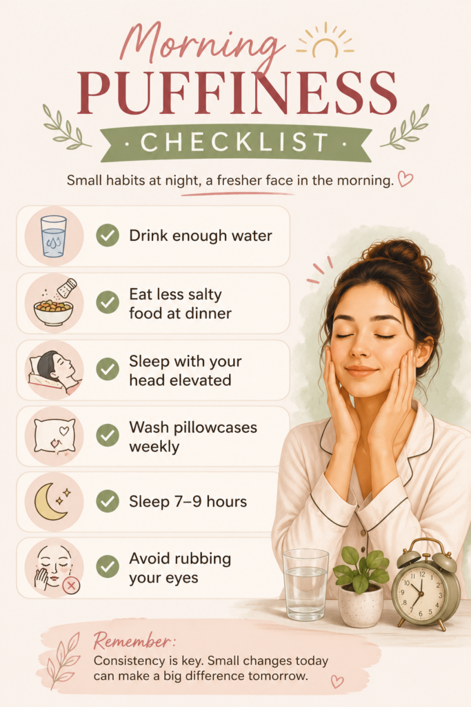 Morning puffiness checklist infographic showing six simple habits that may help reduce facial puffiness, including staying hydrated, limiting salty dinners, sleeping with the head elevated, washing pillowcases weekly, getting 7–9 hours of sleep, and avoiding rubbing the eyes.