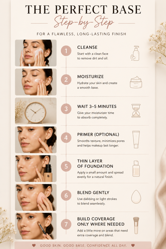 Step-by-step foundation application routine showing the correct order: cleanse, moisturize, wait 3–5 minutes, apply primer (optional), use a thin layer of foundation, blend gently, and build coverage only where needed for a smooth, natural finish.