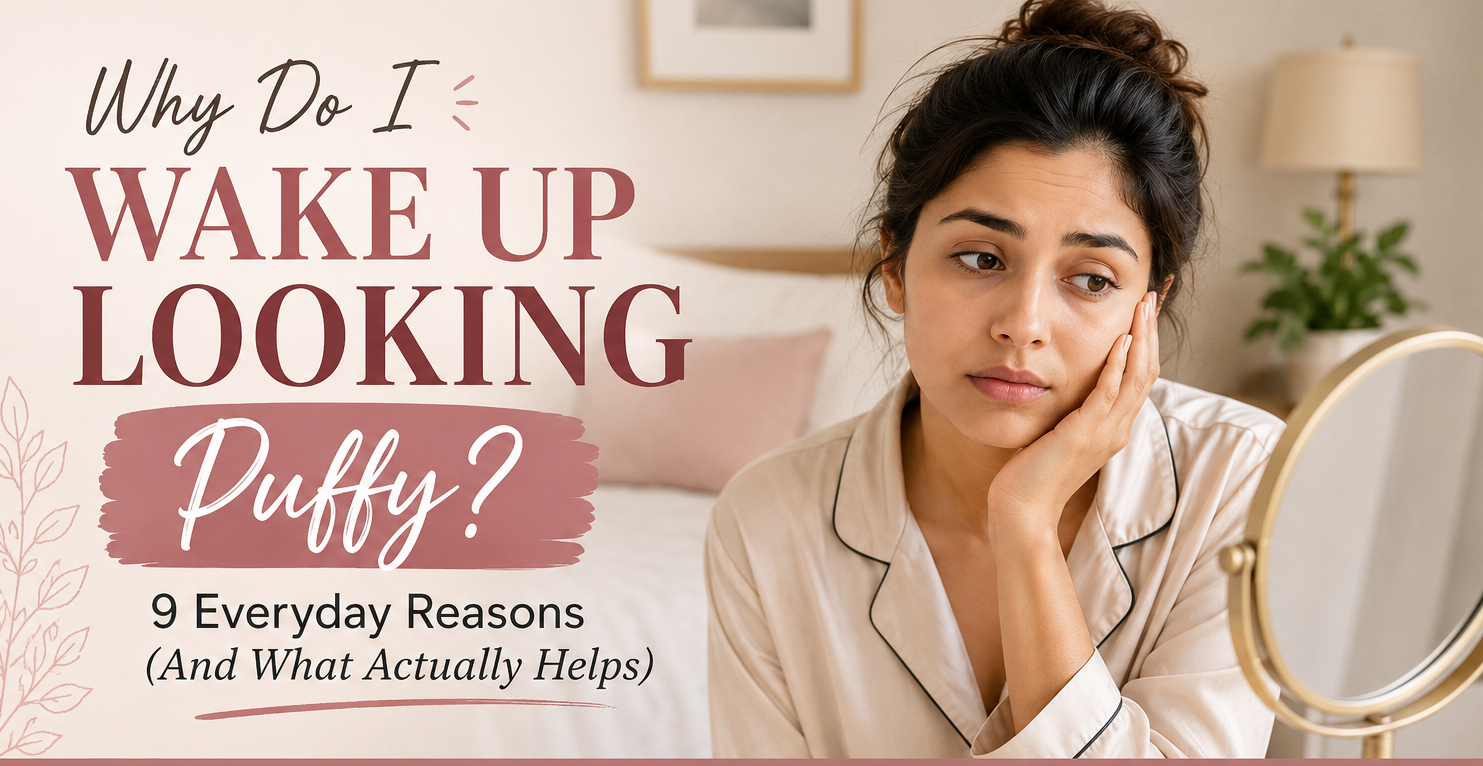 Woman looking in a mirror with a puffy face after waking up, illustrating common causes of morning facial puffiness.