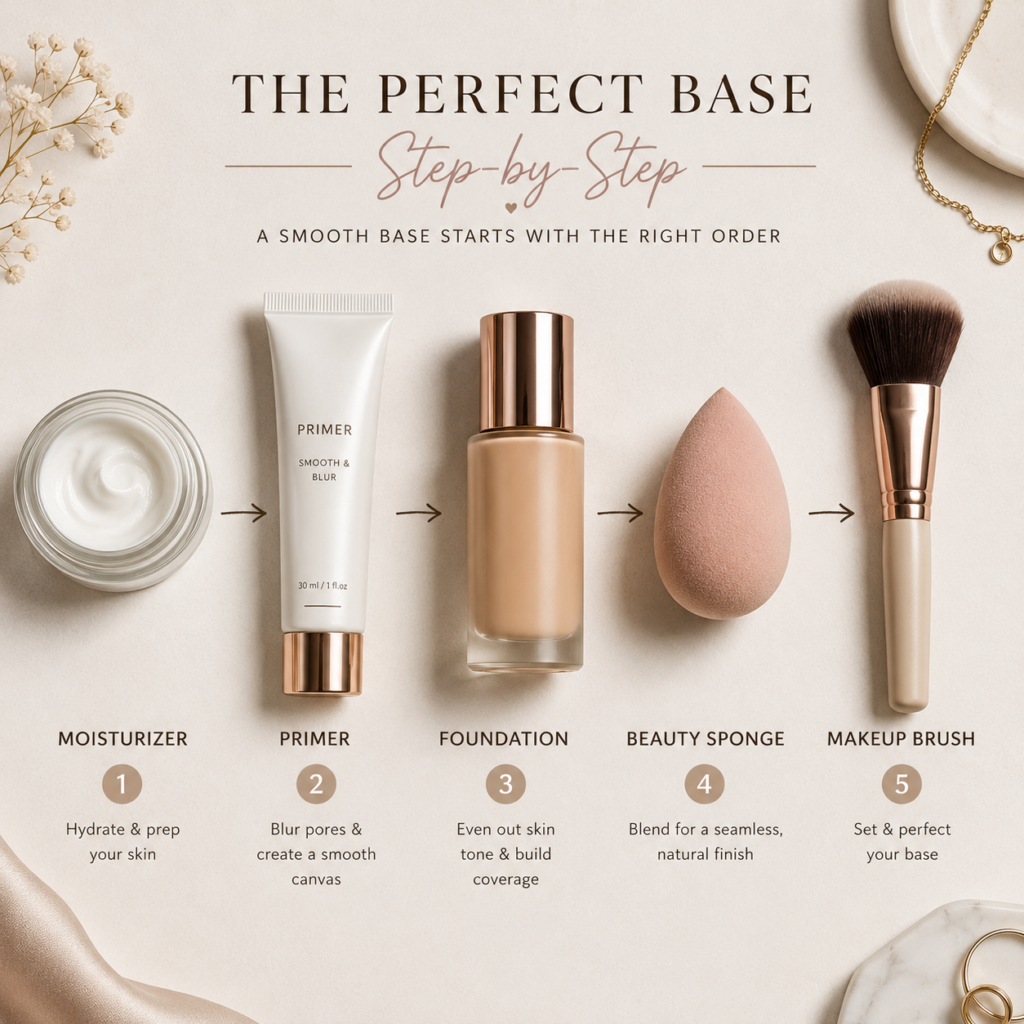 Flat-lay of moisturizer, primer, foundation, beauty sponge, and makeup brush arranged with arrows showing the correct makeup application order for a smooth, long-lasting foundation finish.