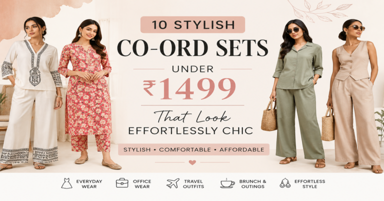 Elegant flat lay featuring stylish women's co-ord sets under ₹1499 with fashion accessories in neutral tones, showcasing affordable chic outfit inspiration.