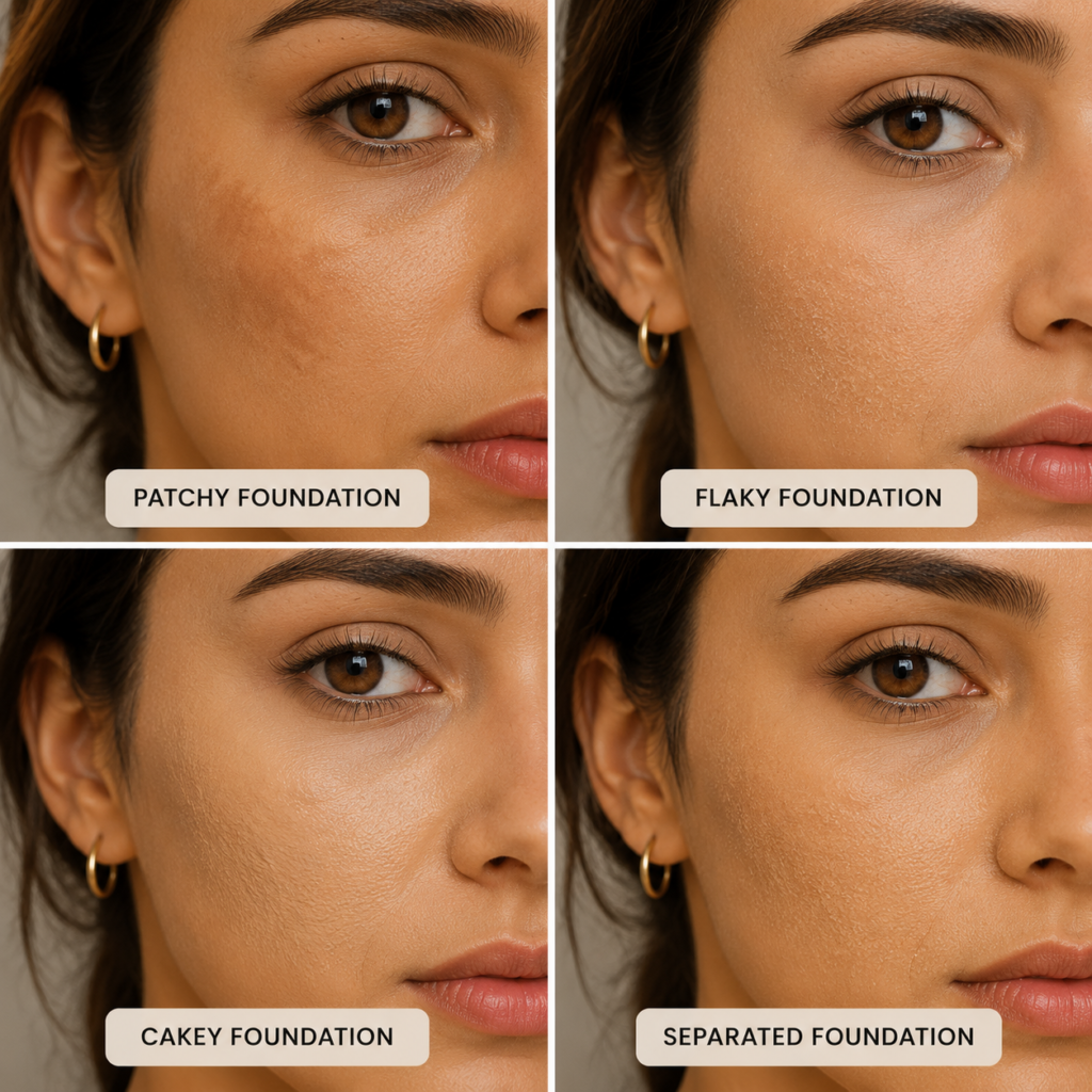 2×2 comparison showing patchy, flaky, cakey, and separated foundation on the same woman's cheek to help identify common foundation problems.