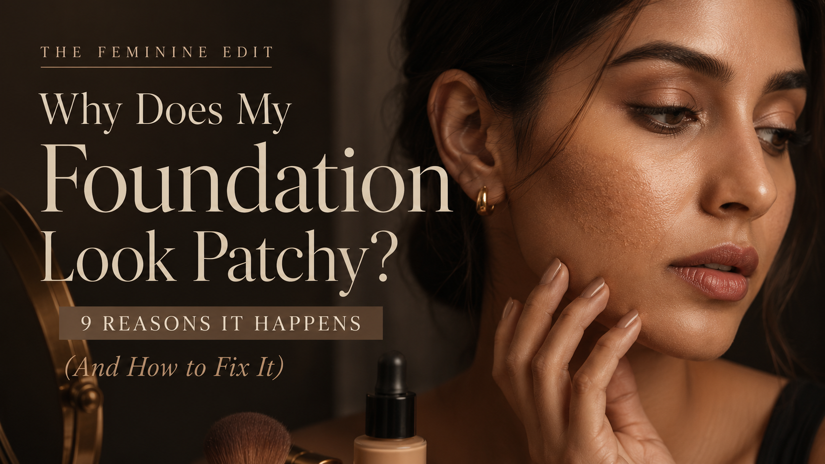 Editorial-style featured image showing a woman with visibly patchy foundation on her cheek alongside beauty products, illustrating common causes of uneven foundation application and how to achieve a smooth, flawless makeup base.