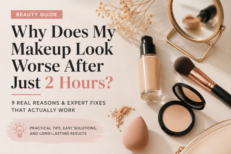 Flat lay of foundation, powder, makeup sponge and brush illustrating why makeup looks patchy and oily after two hours.