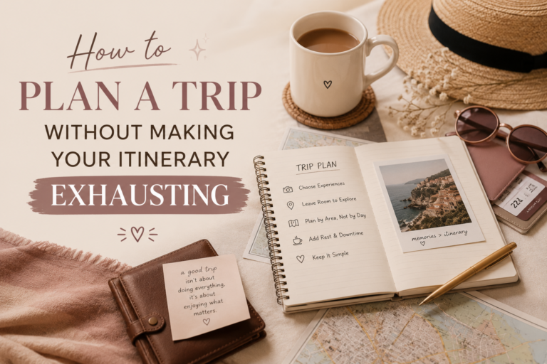 Editorial-style travel planning image featuring a notebook with a relaxed trip plan, map, sunglasses, passport, travel ticket, coffee mug, straw hat, pen, and a handwritten reminder, with the headline “How to Plan a Trip Without Making Your Itinerary Exhausting.