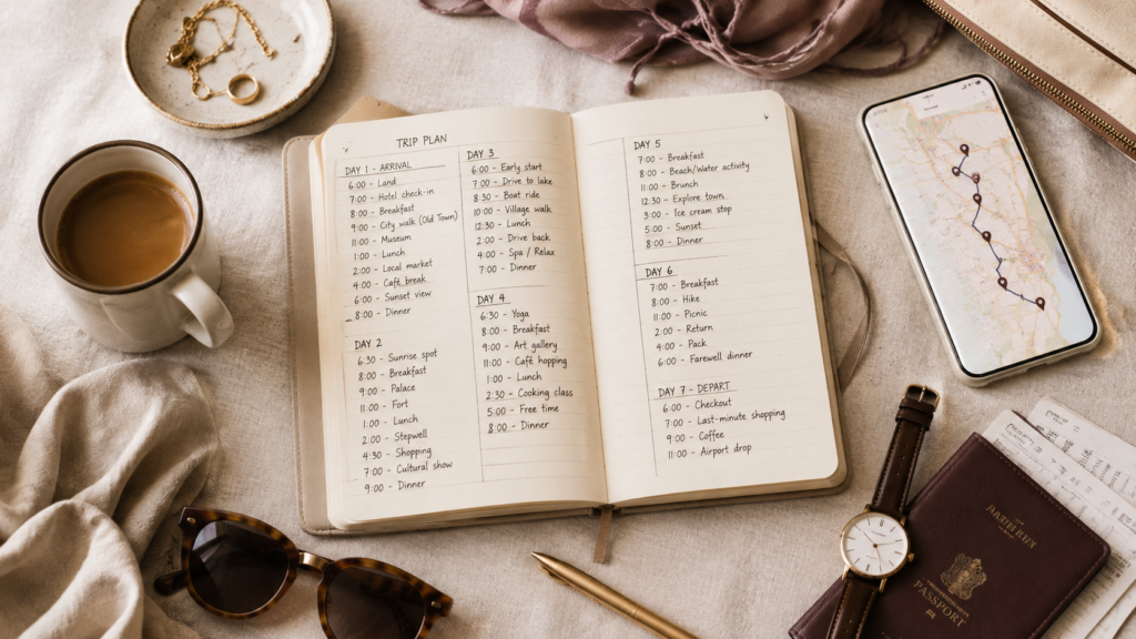 Realistic editorial flat lay of an overly packed travel itinerary on a cream travel journal, surrounded by a smartphone showing a busy map route, passport, gold pen, analogue watch, sunglasses, coffee cup, and travel accessories in warm beige, taupe, dusty rose, and brown tones.
