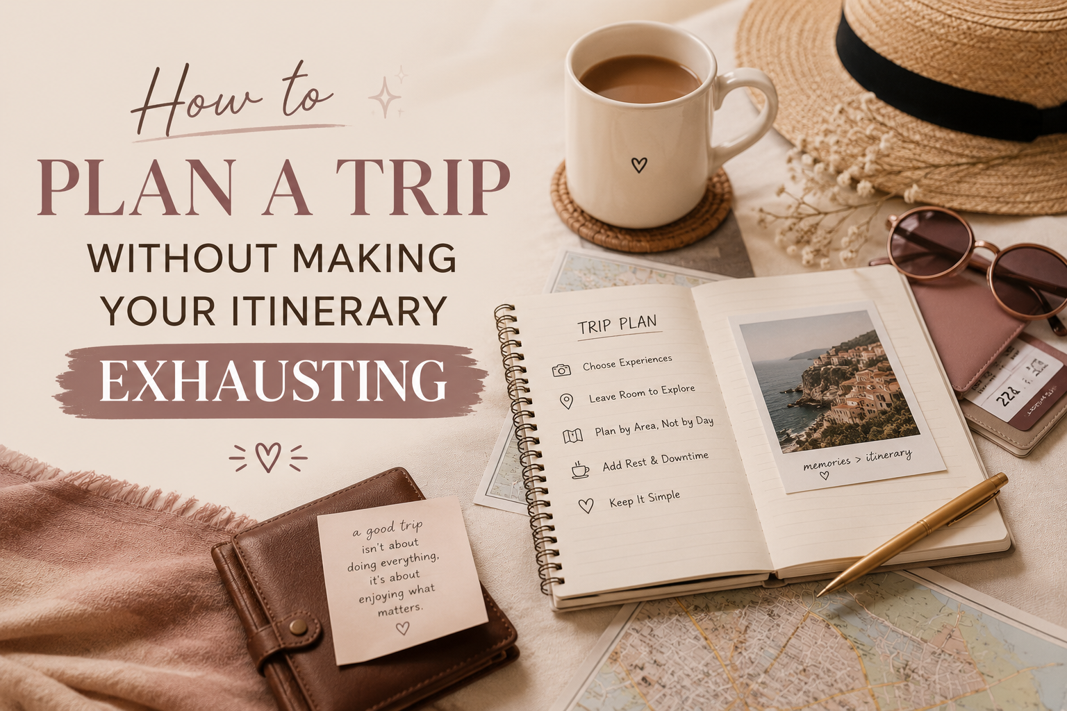 Editorial-style travel planning image featuring a notebook with a relaxed trip plan, map, sunglasses, passport, travel ticket, coffee mug, straw hat, pen, and a handwritten reminder, with the headline “How to Plan a Trip Without Making Your Itinerary Exhausting.