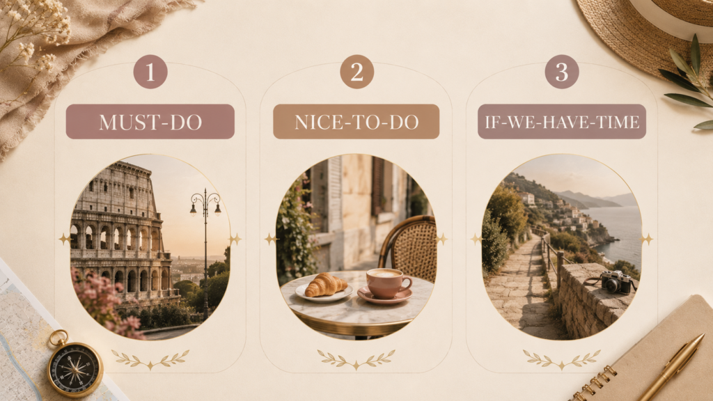 Elegant three-part travel planning graphic in warm cream, beige, dusty rose, and soft brown tones, featuring three scenic travel photographs labeled “MUST-DO,” “NICE-TO-DO,” and “IF-WE-HAVE-TIME,” representing different levels of itinerary priorities.