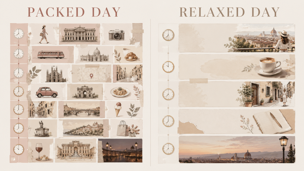 Editorial travel itinerary comparison showing a crowded “Packed Day” schedule beside a spacious “Relaxed Day” with fewer activities and more free time.