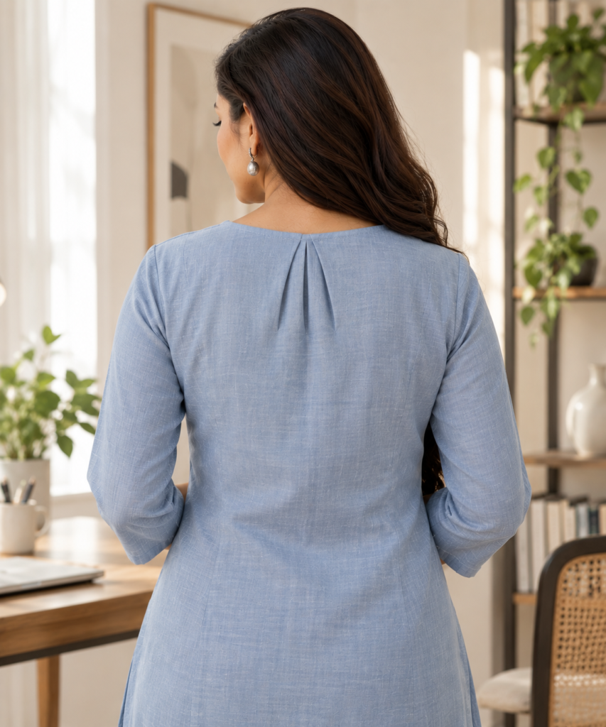 Back view of a powder-blue kurti with three small stitched pleats fanning downward from the center-back neckline.