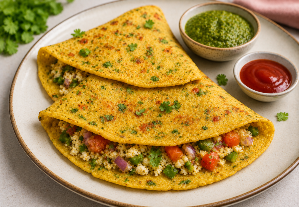 Besan chilla filled with vegetables and served with chutney as an easy Indian dinner idea.