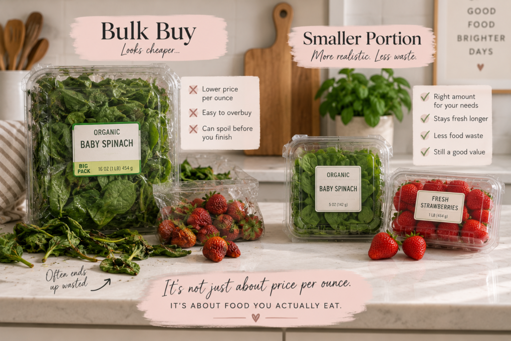 Comparison of a large bulk package and smaller portions of spinach and strawberries, showing how buying too much fresh produce can lead to food waste.