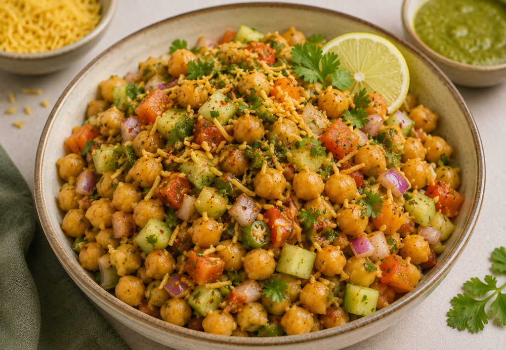 Chana chaat dinner bowl with chickpeas, cucumber, tomatoes, red onion, coriander, green chutney and lemon.