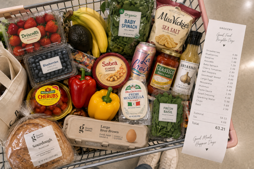 Overhead view of a grocery cart filled with berries, avocado, fresh produce, eggs, cheese, snacks, sauces and sparkling water, with a grocery receipt beside it.