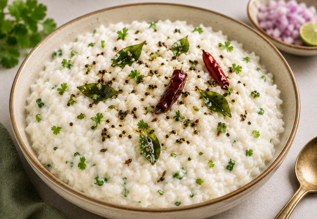 Curd rice topped with a quick mustard seed, curry leaf and green chilli tadka, served in a bowl.