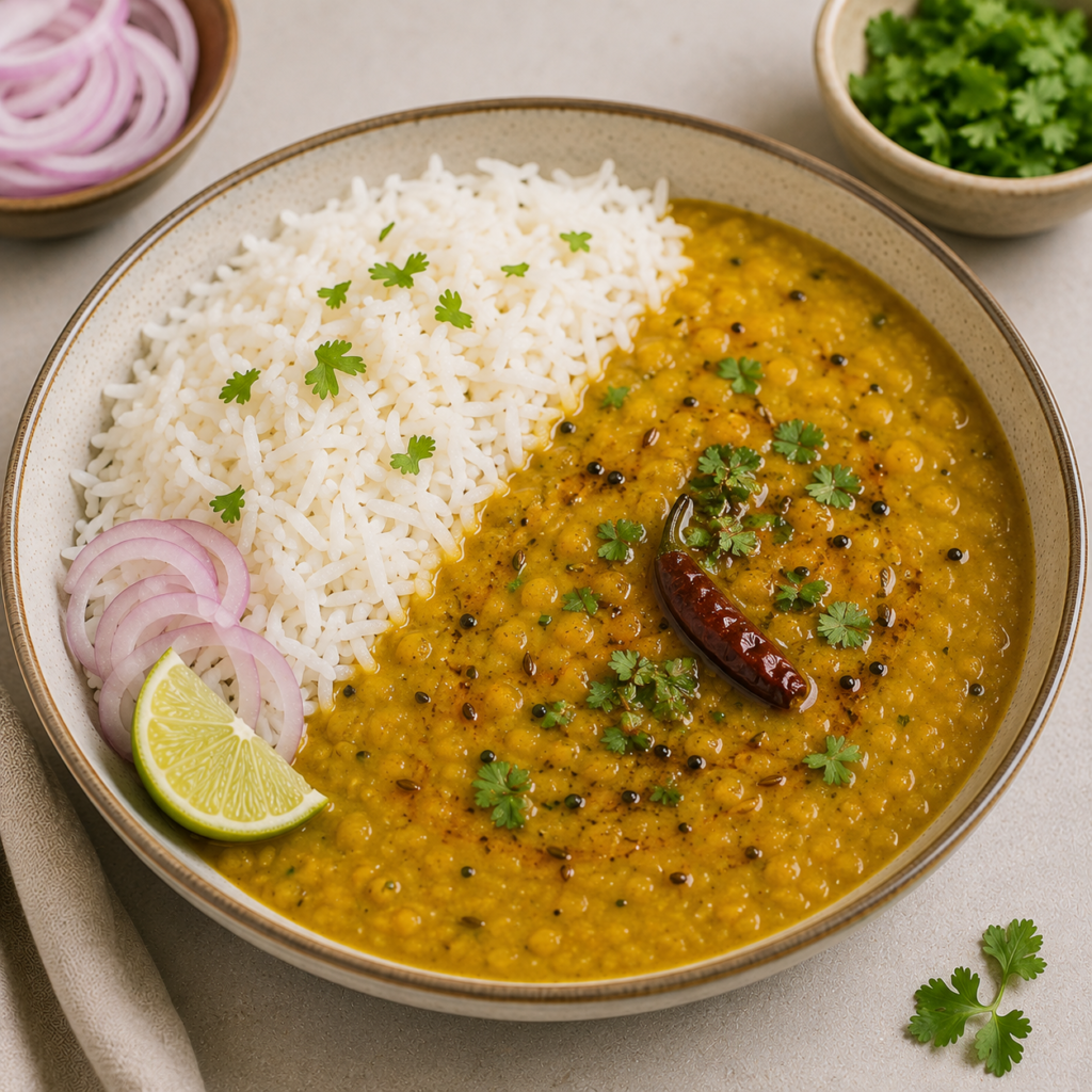 Simple dal-rice bowl with steamed white rice, yellow dal, cumin tadka, dried red chilli, coriander, onion and lime.
