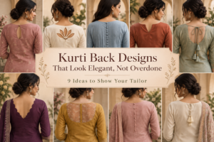 Editorial collage showing nine elegant kurti back designs for women, including keyhole, lotus cutout, button-back, scalloped, sheer-panel, tie-back, and minimalist tailored styles in muted Indian fashion colors.