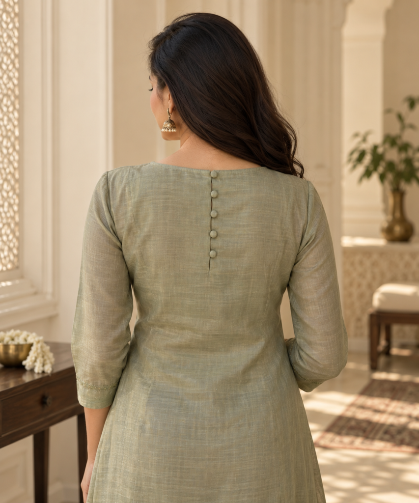 Back view of a sage-green kurti with a vertical row of five fabric-covered potli buttons along the center back.