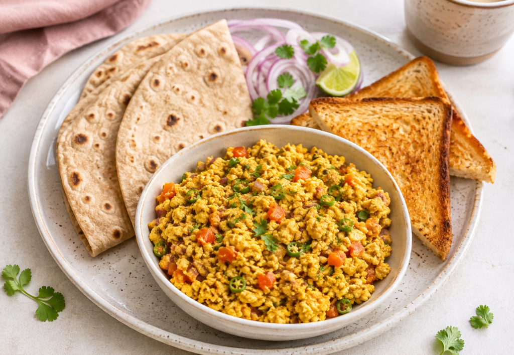 Egg bhurji served with toasted bread, a quick and easy Indian dinner idea for busy evenings.