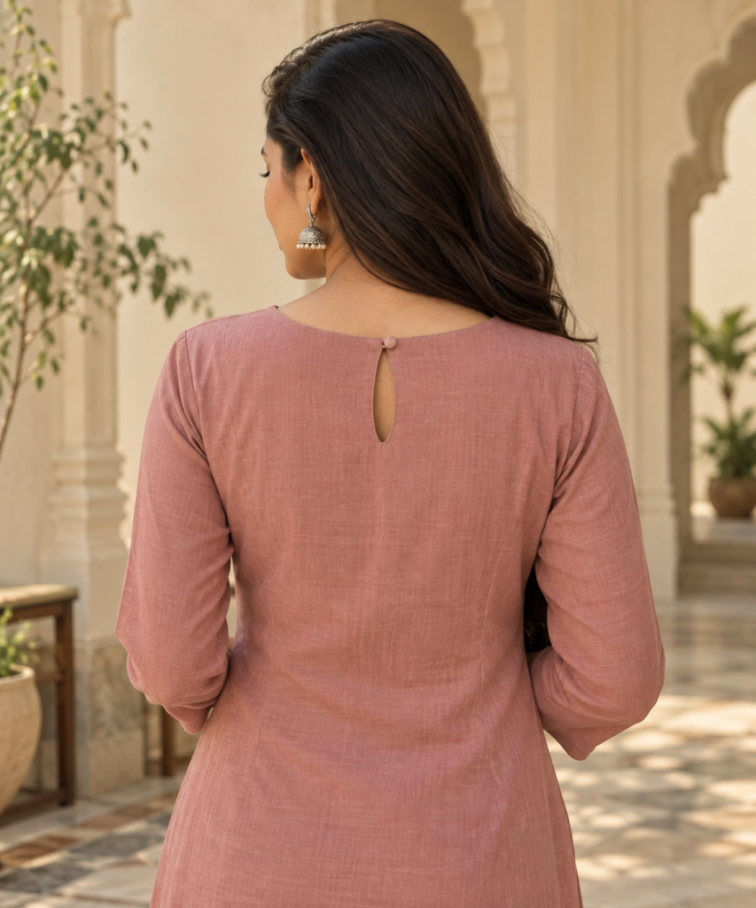 Back view of a woman wearing a dusty-rose kurti with a small vertical keyhole opening and single fabric-covered button at the neckline.