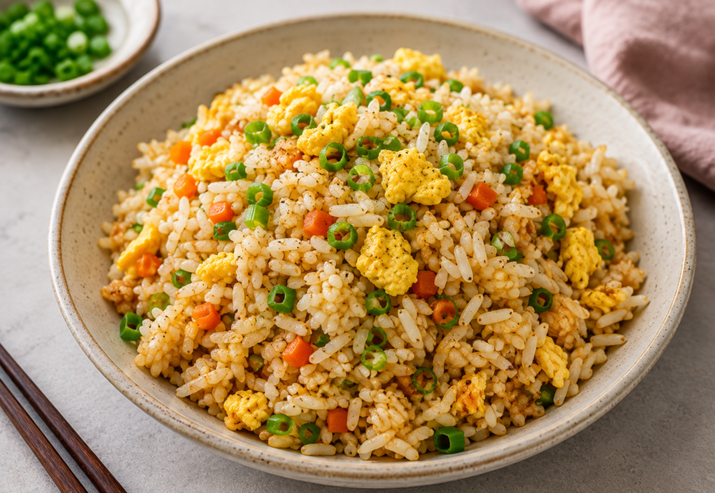 Leftover rice egg fried rice with scrambled egg, mixed vegetables and spring onions in a bowl.