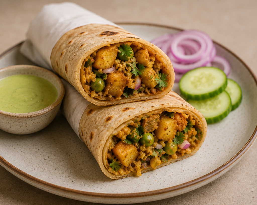 Leftover sabzi wrap made with roti, filled with spiced vegetables and served with green chutney, cucumber and onion.