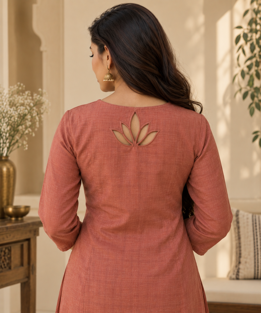 Back view of a terracotta kurti with a refined lotus-shaped cutout centered below the high neckline.