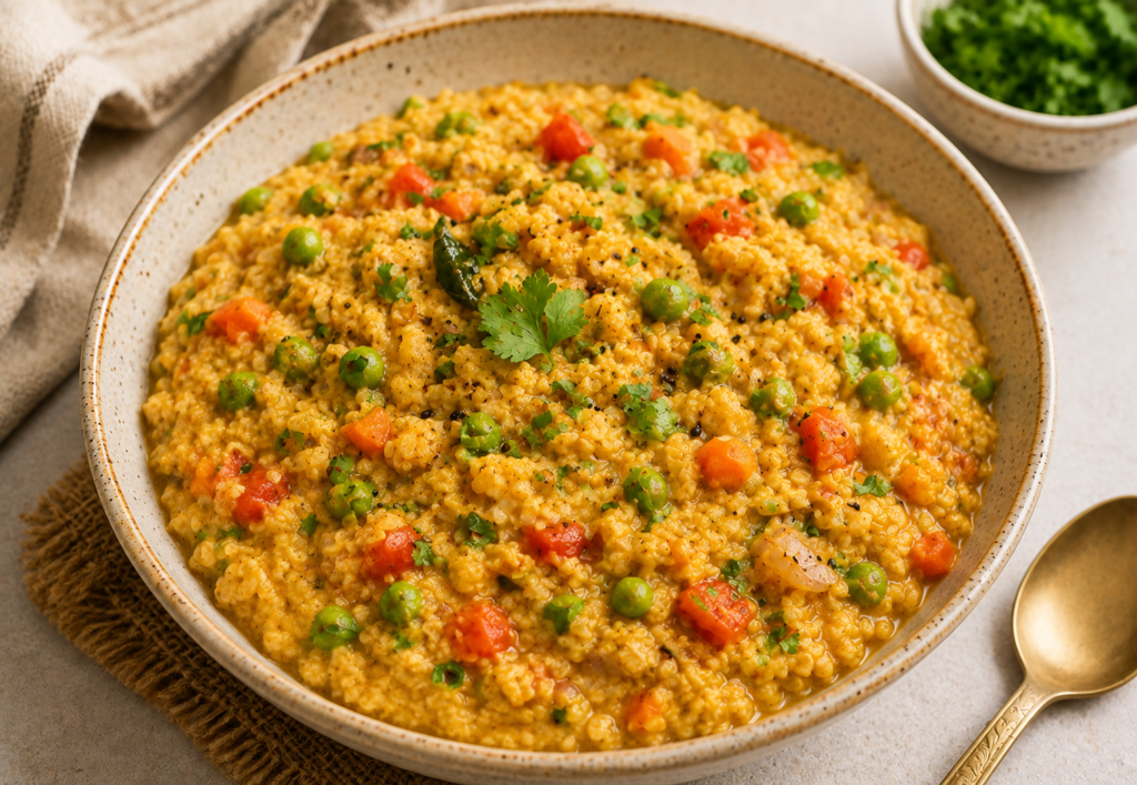 Bowl of savory masala oats with mixed vegetables, garnished with fresh coriander.