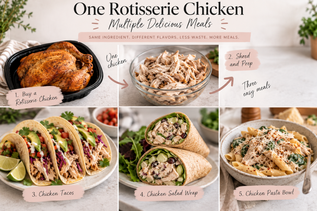 One rotisserie chicken transformed into three easy meals: chicken tacos, a chicken salad wrap, and a creamy chicken pasta bowl.