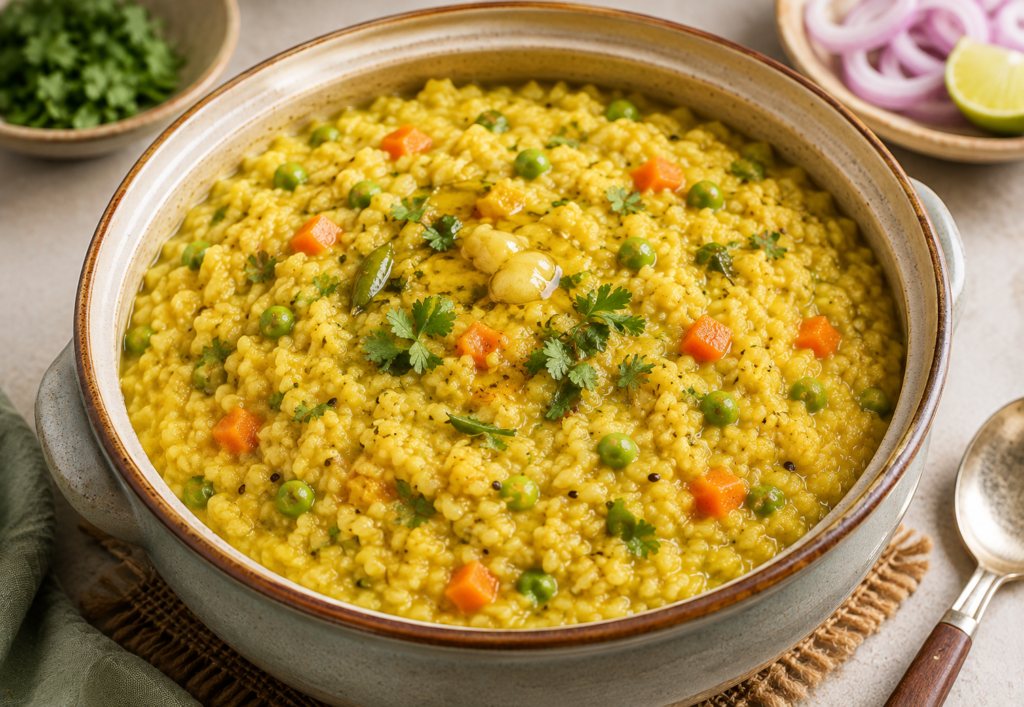 Bowl of one-pot moong dal khichdi made with rice and yellow moong dal, topped with a simple tadka and fresh coriander.