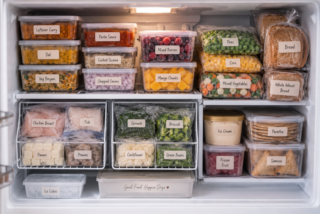 Organized freezer with labeled containers of leftovers, frozen vegetables, berries, bread, proteins and other foods stored for future meals.