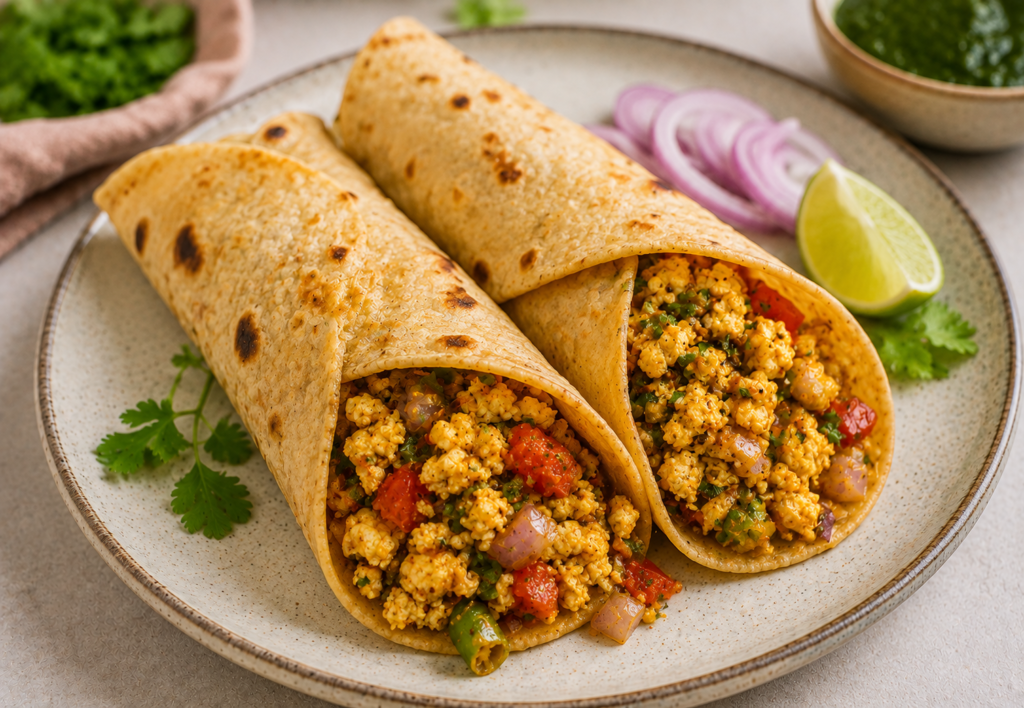 Paneer bhurji wrap filled with spiced crumbled paneer, onions and vegetables, served as an easy Indian dinner.