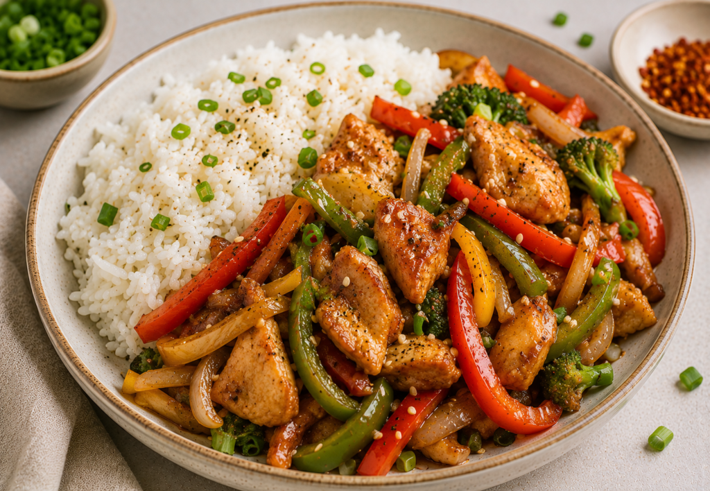 Quick chicken stir-fry with rice, bell peppers, onions and broccoli served in a bowl.