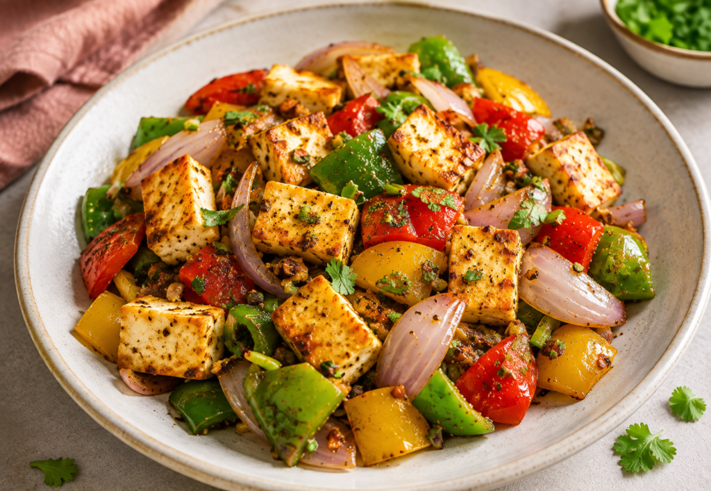 Quick paneer pepper stir-fry with paneer cubes, bell peppers and onions cooked with Indian spices.