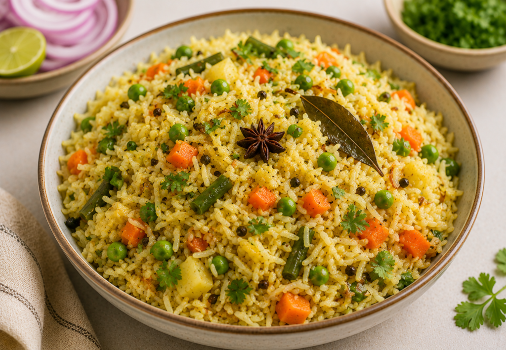 Quick vegetable pulao with basmati rice, green peas, carrots, beans and potatoes, garnished with fresh coriander, star anise and bay leaf.