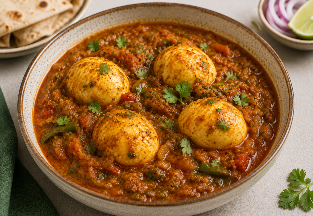 Shortcut anda curry with boiled eggs simmered in a simple spiced onion-tomato gravy, garnished with fresh coriander.