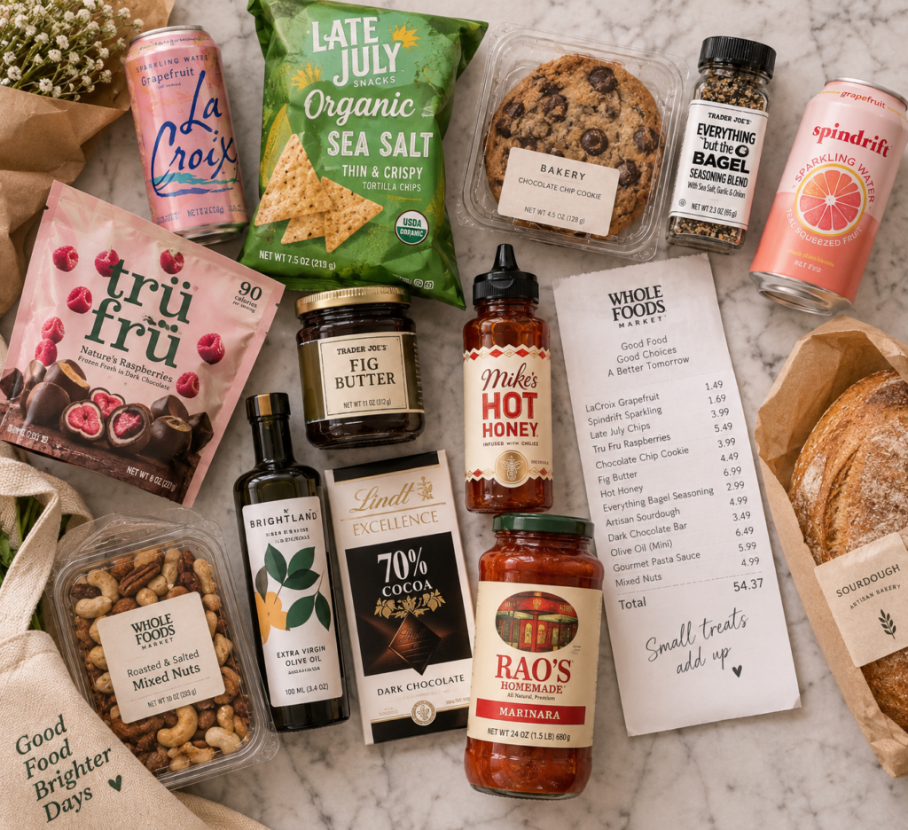 Flat lay of sparkling drinks, packaged snacks, a bakery treat, specialty sauces, chocolate, nuts and bread arranged beside a grocery receipt, showing how small extras can increase a grocery bill.