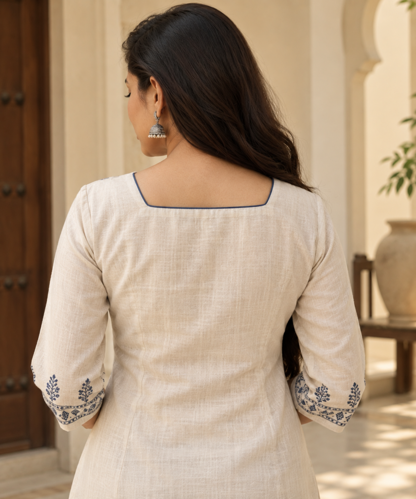 Back view of an ivory kurti with a soft square neckline outlined with slim blue contrast piping.