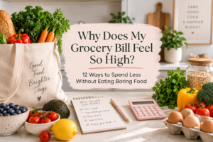 Grocery shopping on a budget with fresh produce, eggs, pantry staples, a calculator and meal-planning notebook on a kitchen counter.