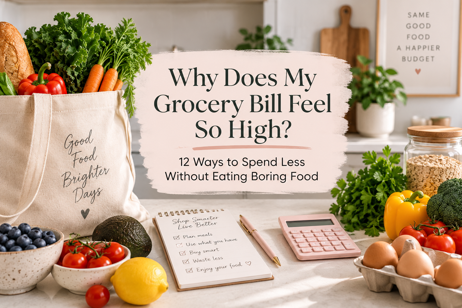 Grocery shopping on a budget with fresh produce, eggs, pantry staples, a calculator and meal-planning notebook on a kitchen counter.