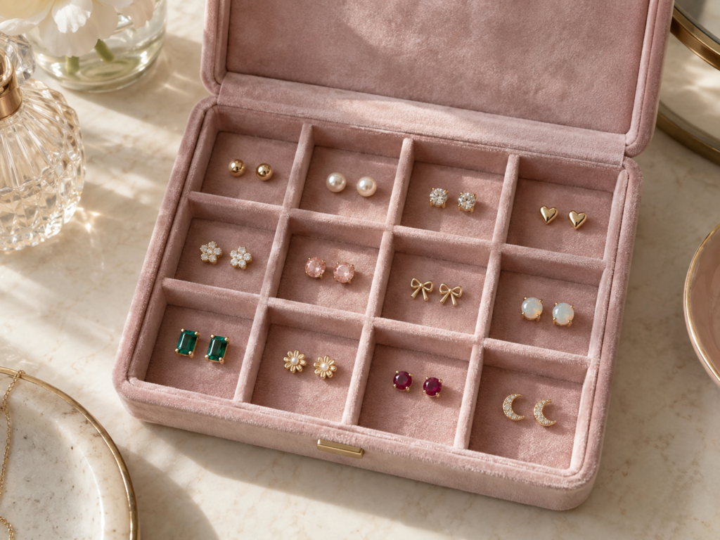 Overhead editorial image of a dusty-pink velvet jewelry organizer filled with neatly paired stud earrings, including gold, pearl, and gemstone studs, arranged in individual compartments on a warm ivory vanity surface.
