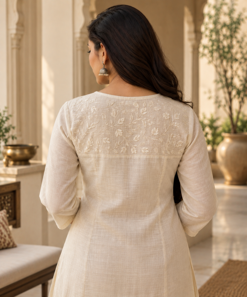 Back view of an ivory kurti with a high neckline and delicate tone-on-tone floral embroidery across the upper back yoke.