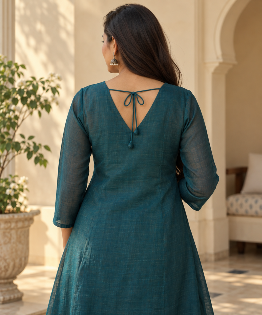 Back view of a teal kurti with a deep V-shaped back and slim tie-up dori detail with small fabric ends.